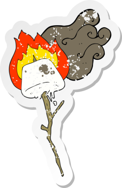 Bir insan tarafından çizilmiş kızarmış marshmallow 'un retro sıkıntılı çıkartması.