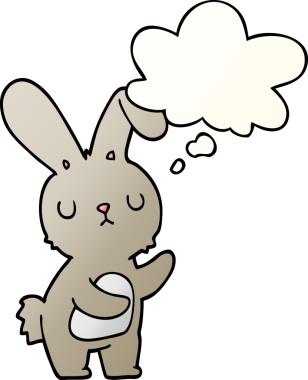 Düşünce baloncuğu olan sevimli çizgi film tavşanı bir insan tarafından çizilmiş.