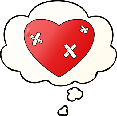 Bir insan tarafından çizilmiş yumuşak eğimli düşünce baloncuğuyla kalbi çarpan çizgi film.