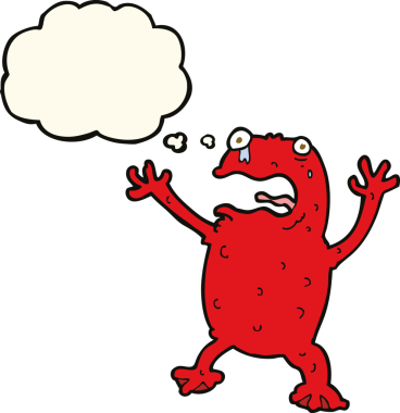 Bir insan tarafından çizilmiş düşünce baloncuklu zehirli kurbağa çizgi filmi.