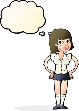 Bir insan tarafından çizilmiş düşünce baloncuğu olan elleri kalçasında çizgi film kadını.