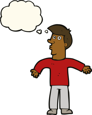 Bir insan tarafından çizilmiş düşünce baloncuğuyla omuzlarını silkeleyen çizgi film adamı.