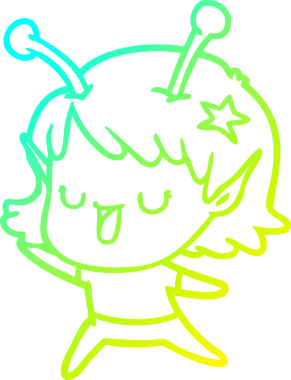 Bir insan tarafından çizilmiş mutlu bir uzaylı kız çizgi filmi.