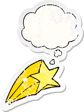 Düşünce baloncuğu olan çizgi film yıldızı bir insan tarafından çizilmiş yıpranmış bir çıkartma.