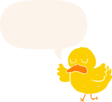 Bir insan tarafından çizilmiş, konuşma baloncuklu çizgi film ördeği.