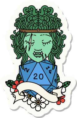 Bir insan tarafından çizilmiş 20 zarlı yarı ork barbar bir karakterin çıkartması.