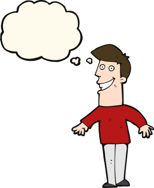 Bir insan tarafından çizilmiş düşünce baloncuğu ile sırıtan çizgi film adamı.