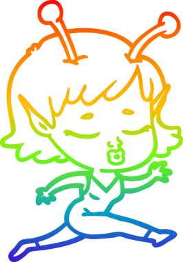 Gökkuşağı gradyan çizgisi. Bir insan tarafından çizilmiş şirin bir uzaylı kız çizgi filmi.