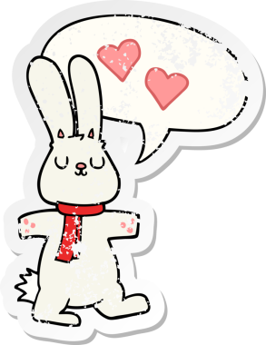 Konuşma balonuna aşık çizgi film tavşanı bir insan tarafından çizilmiş sıkıntılı eski bir çıkartma