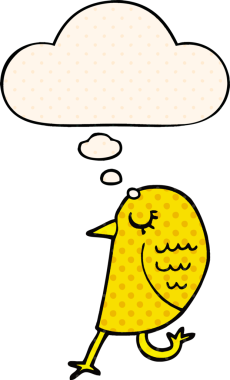 Çizgi roman tarzında düşünce baloncuğu olan çizgi film kuşu insan tarafından çizilmiş.