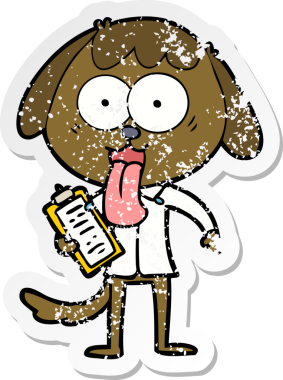 Bir insan tarafından çizilmiş ofis gömleği giyen sevimli bir köpeğin sıkıntılı çıkartması.