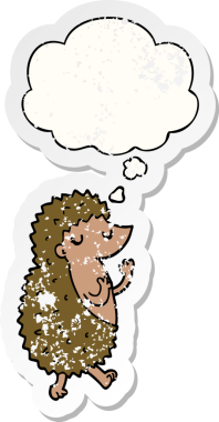 Düşünce baloncuğu olan çizgi film kirpisi insan tarafından çizilmiş yıpranmış bir çıkartma.