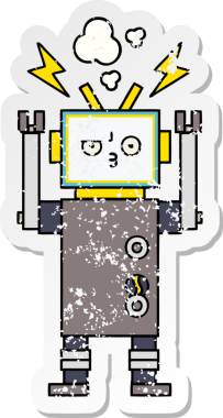 Bir insan tarafından çizilmiş sevimli bir robot çizgi film çıkartması.