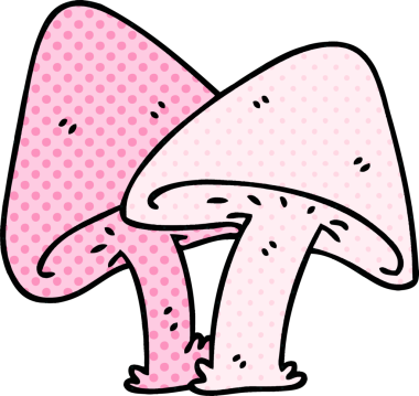 Bir insan tarafından çizilmiş çizgi roman tarzı tuhaf mantarlar.