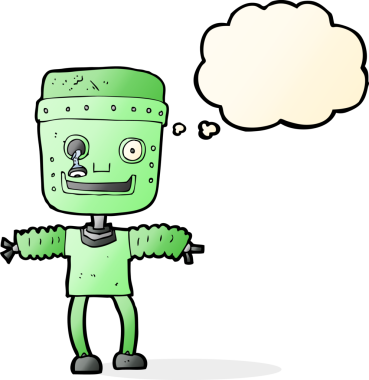 Bir insan tarafından çizilmiş düşünce baloncuklu çizgi film robotu