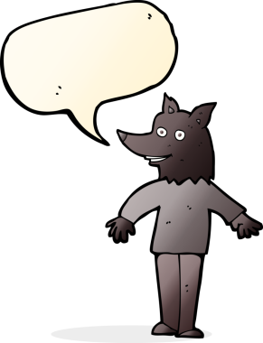 Bir insan tarafından çizilmiş konuşma balonu olan mutlu bir kurt adam.