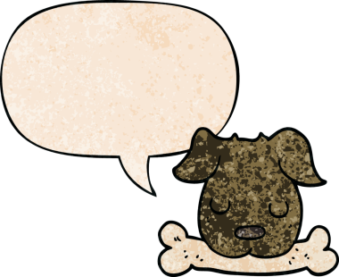 Bir insan tarafından çizilmiş, eski tarz konuşma baloncuğu olan, kemikli çizgi film köpeği.