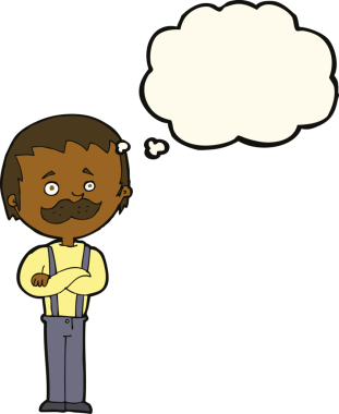 Bir insan tarafından çizilmiş düşünce baloncuklu bıyıklı çizgi film adamı.