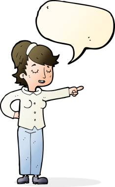 Bir insan tarafından çizilmiş konuşma balonuyla işaret eden karikatür dostu kadın.