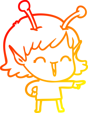 Bir insan tarafından çizilen gülen uzaylı bir kızın sıcak çizgi çizimi.