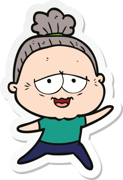 Bir insan tarafından çizilmiş mutlu yaşlı bir kadının çıkartması.