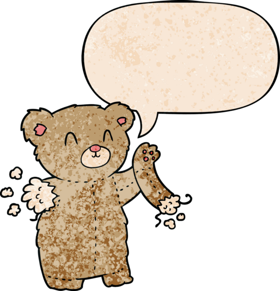 Yırtık kollu çizgi film ayıcığı. Konuşma baloncuğu eski moda bir insan tarafından çizilmiş.