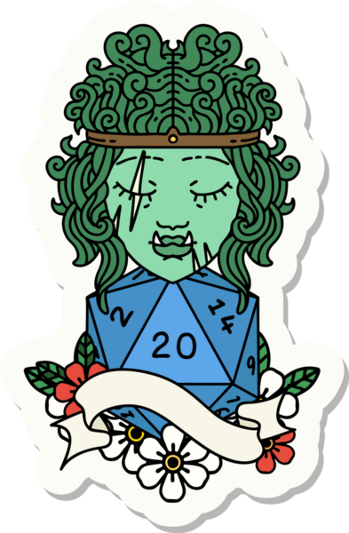 Bir insan tarafından çizilmiş 20 zarlı yarı ork barbar bir karakterin çıkartması.