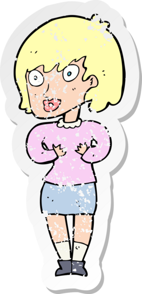 Bir insan tarafından çizilen Kim Ben jestini yapan karikatürlü bir kadının gerilimli çıkartması.