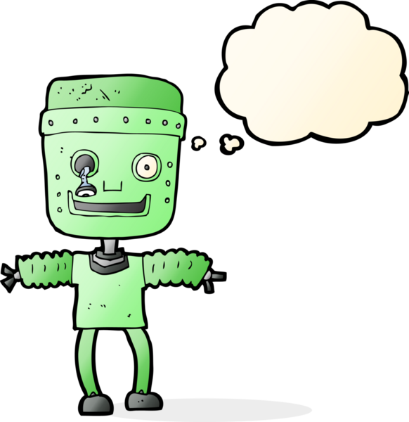 Bir insan tarafından çizilmiş düşünce baloncuklu çizgi film robotu