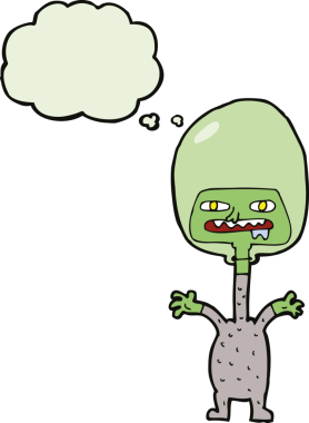 Bir insan tarafından çizilmiş düşünce baloncuğu olan bir uzaylı çizgi filmi.