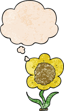 Bir insan tarafından çizilmiş grunge desenli düşünce baloncuğu olan karikatür çiçeği