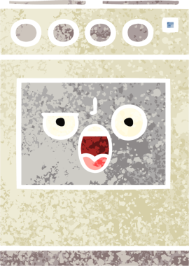 Bir insan tarafından çizilmiş mutfak fırınının retro çizim tarzı karikatürü.