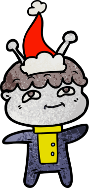 Bir insan tarafından çizilmiş Noel Baba şapkası giymiş bir uzay adamının dostane bir el çizimi çizimi.