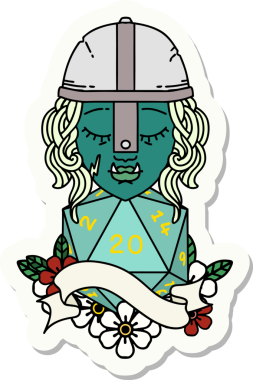 Bir insan tarafından çizilmiş 20 zarlı yarı ork savaşçı karakterinin çıkartması.