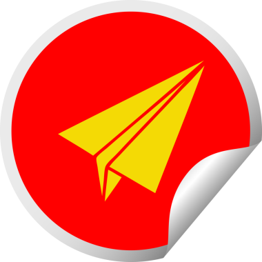 Bir insan tarafından çizilmiş kağıttan bir uçağın dairesel soyma etiketi.