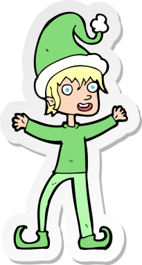 Bir insan tarafından çizilmiş bir karikatür çıkartması Noel elfini heyecanlandırıyor.