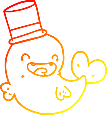 Bir insan tarafından çizilmiş silindir şapkalı, gülen balina çizgi çizimi.