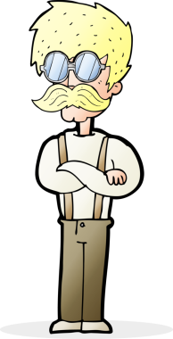 Bir insan tarafından çizilmiş bıyıklı ve gözlüklü hippi çizgi film karakteri.