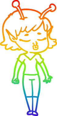 Gökkuşağı gradyan çizgisi. Bir insan tarafından çizilmiş şirin bir uzaylı kız çizgi filmi.