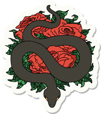 Bir insan tarafından çizilmiş geleneksel yılan ve gül stili dövme çıkartması.