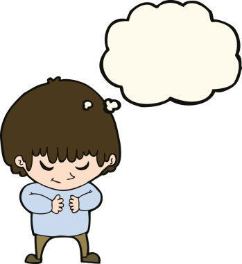 Bir insan tarafından çizilmiş düşünce kabarcığı olan utangaç bir çocuk.