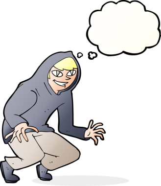 Bir insan tarafından çizilmiş düşünce balonlu kapüşonlu yaramaz çocuk.