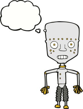 Bir insan tarafından çizilmiş düşünce baloncuklu komik robot.