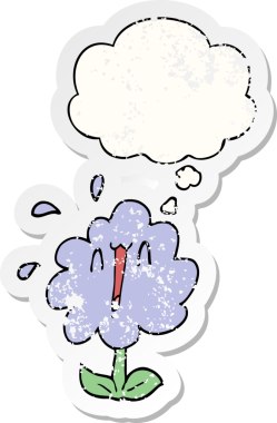 Düşünce baloncuğu olan karikatür çiçeği insan tarafından çizilmiş yıpranmış bir çıkartma gibi.