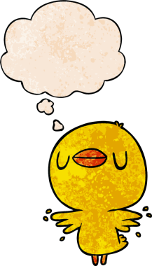 Çizgi filmlerdeki kanat çırpan civciv insan tarafından çizilmiş grunge desenli düşünce kabarcığıyla kanat çırpıyor.