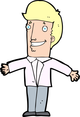 Bir insan tarafından çizilmiş kolları açık sırıtan çizgi film adamı.