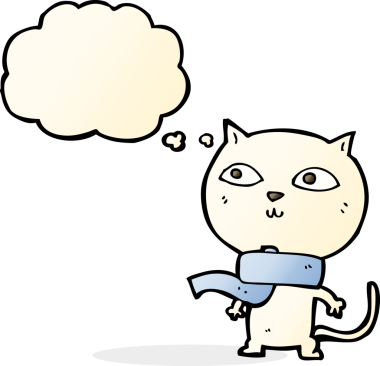 Bir insan tarafından çizilmiş düşünce baloncuklu fular takan komik bir kedi.