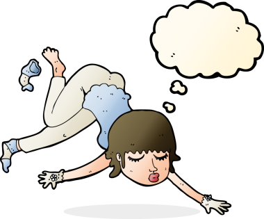 Bir insan tarafından çizilmiş düşünce baloncuğuyla süzülen çizgi film kadını.