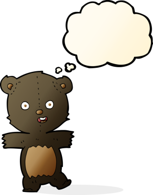 Bir insan tarafından çizilmiş düşünce baloncuğu olan sevimli siyah ayı yavrusu.