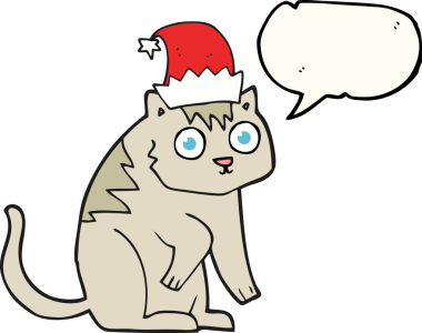 Bir insan tarafından çizilmiş Noel şapkası takan serbest konuşma balonu çizgi filmi kedisi.